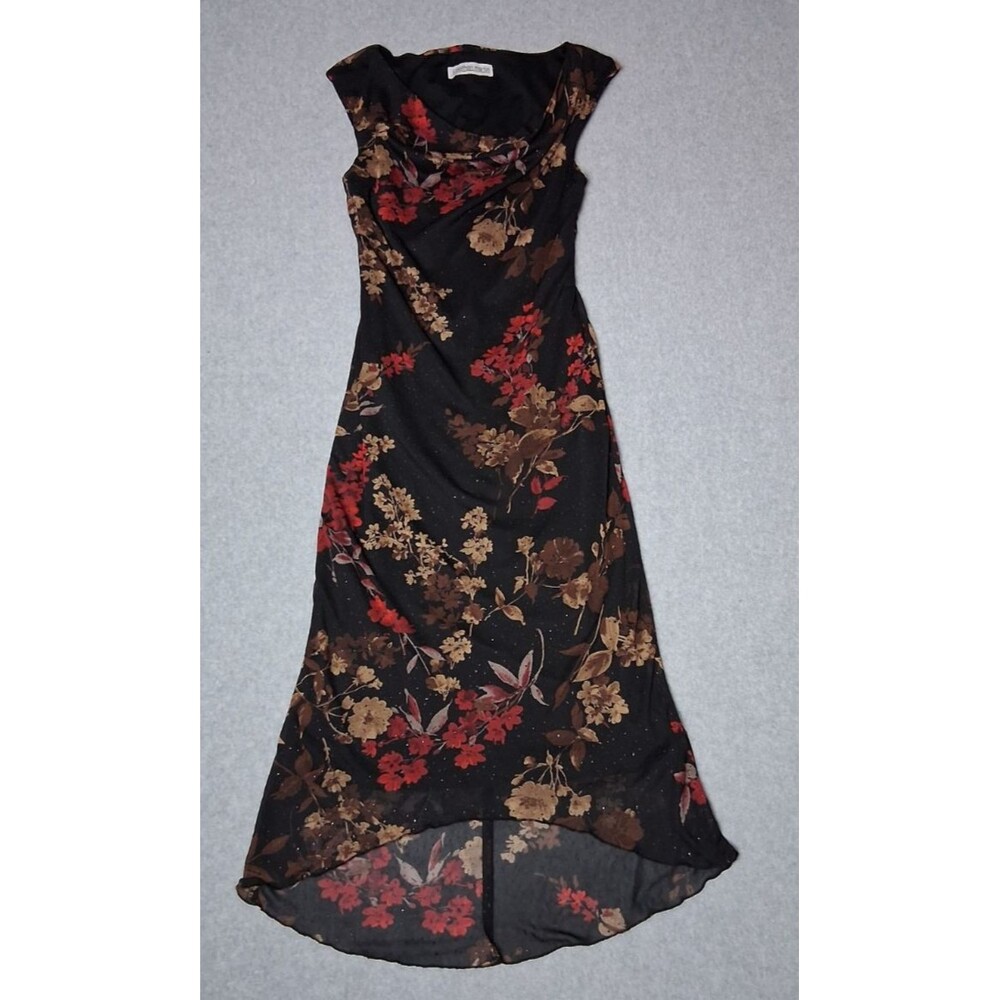 jonathan martin Black Floral Midi Dress with Red and Brown Accents